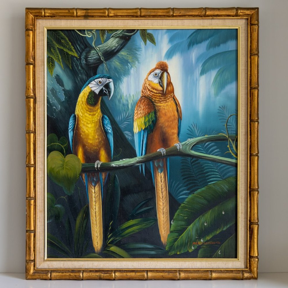 Signed Bert Seabourn Painting – 20″×24″ Scarlet Macaws Wildlife